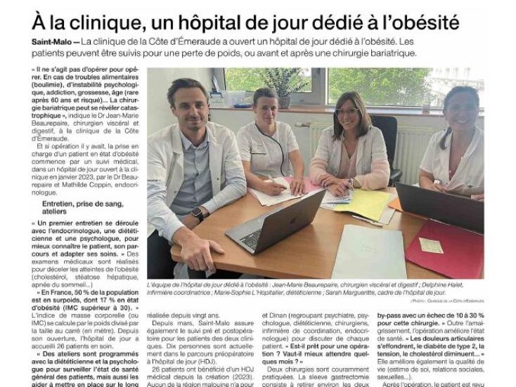 Un hôpital de jour dédié à l'obésité à la Clinique de la Côte d'Emeraude
