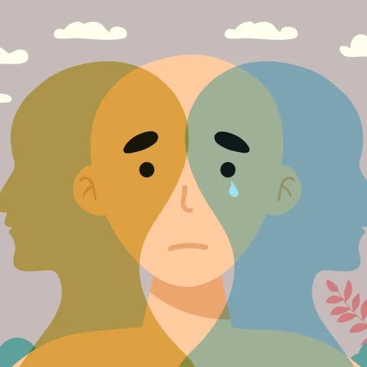 Image un homme pleurant et deux visages, représentant les troubles de l'humeur