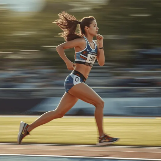 Jeune femme en pleine course sur une piste d'athlétisme - Clinique du Sport Bordeaux-Mérignac