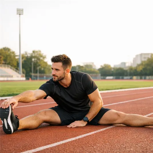 Homme qui s'étire sur une piste d'athlétisme
