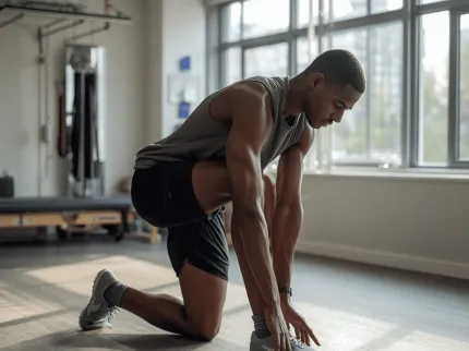 Homme réalisant un etirement de la hanche à cause de la douleur - Clinique du Sport Bordeaux-Mérignac