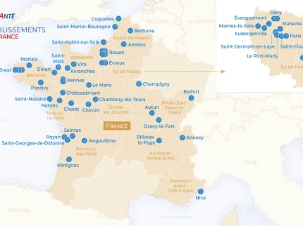 Carte des implantations du groupe Vivalto Santé en France, avec 52 établissements.