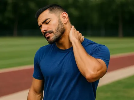 Photo d'un homme qui se tient la nuque en fermant les yeux 