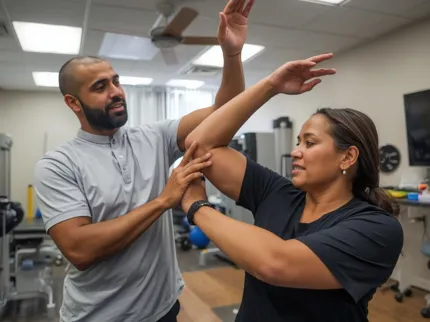 Un coach aidant une cliente à étirer son coude, Clinique du Sport Bordeaux-Mérignac
