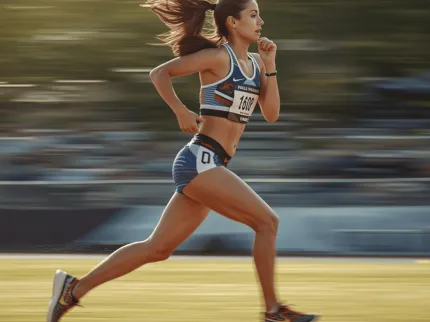 Jeune femme en pleine course sur une piste d'athlétisme - Clinique du Sport Bordeaux-Mérignac