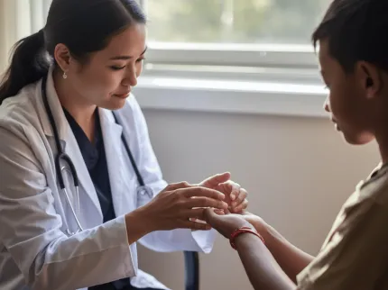 Docteur avec jeune patient ayant une douleur à la main