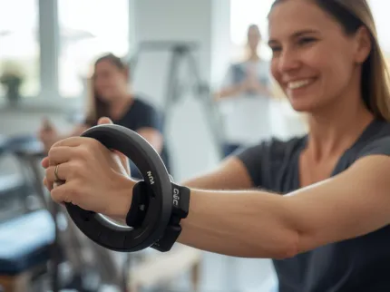 Femme souriante réalisant une séance de kinésithérapie pour la main et le poignet - Clinique du Sport Bordeaux-Mérignac