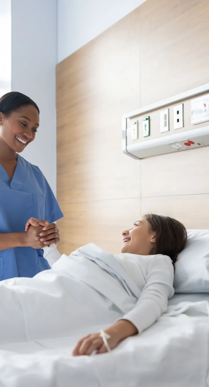 Une infirmière tenant la main d'une patiente alitée et la regarde avec un sourire. groupe Vivalto Santé