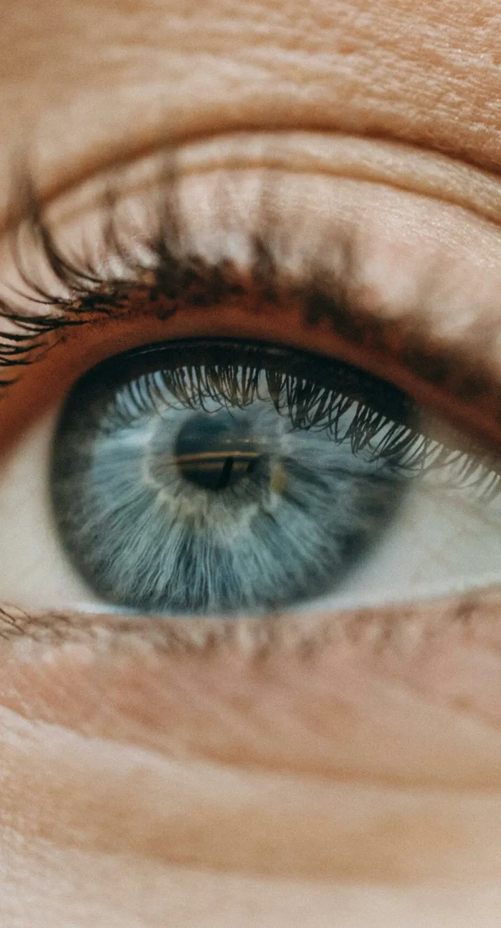 Zoom sur un œil de couleur bleu, groupe Vivalto Santé