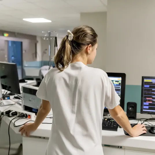 Infirmière de dos travaillant sur l'ordinateur à la Polyclinique Lyon Nord