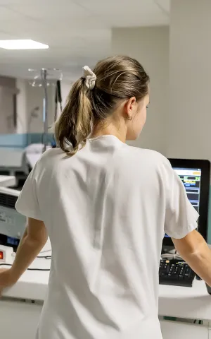 Infirmière de dos travaillant sur l'ordinateur à la Polyclinique Lyon Nord