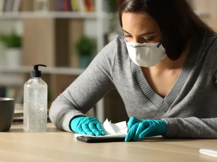 Représentation des troubles obsessionnels compulsifs avec une femme portant un masque chirurgicales et nettoyant en profondeur son téléphone - Groupe Vivalto Santé